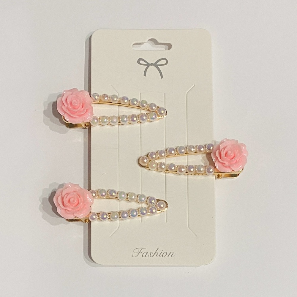 Pink Rose & Pearl Hair Clip Set